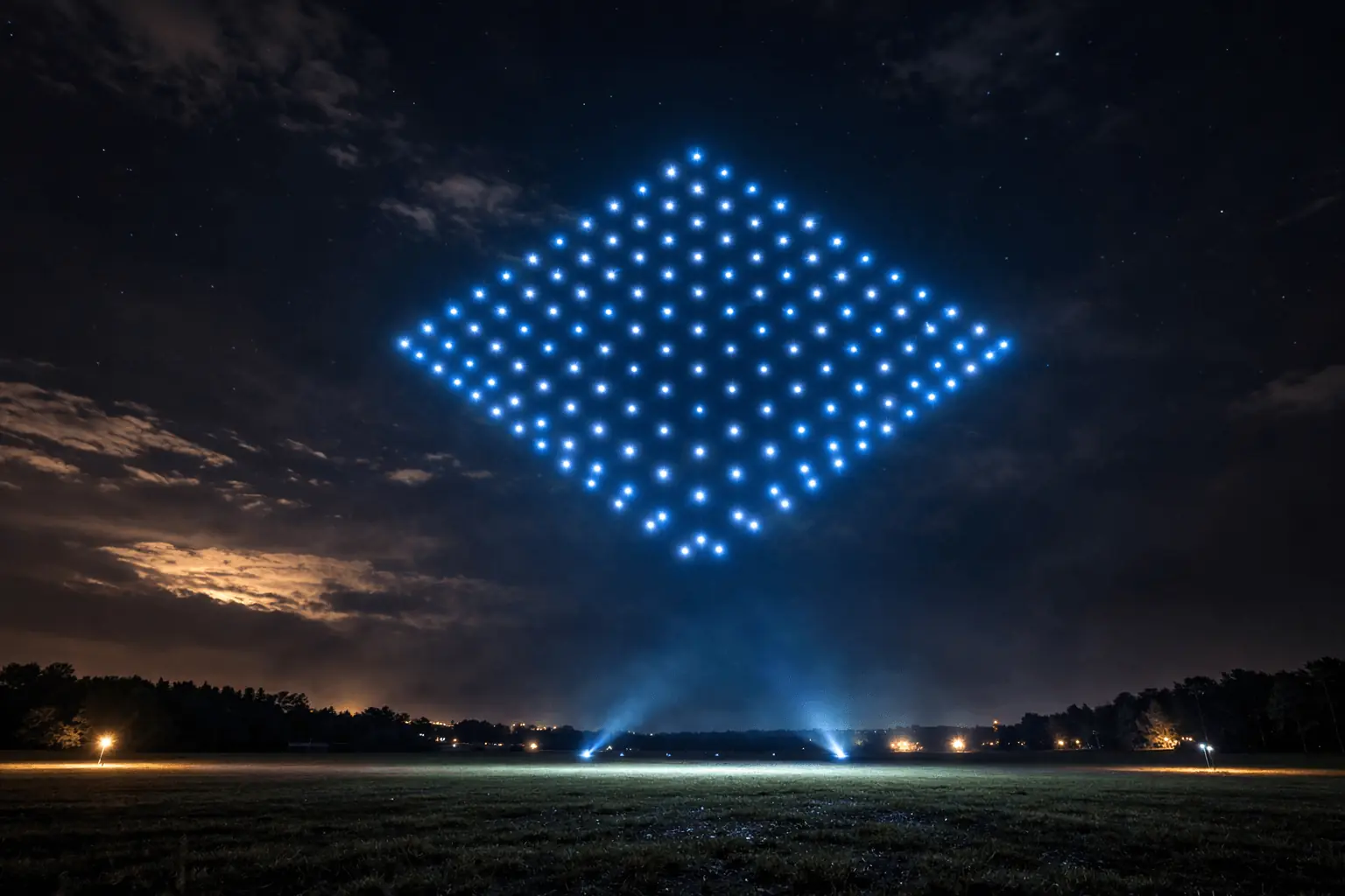 Drone light show over a dark field